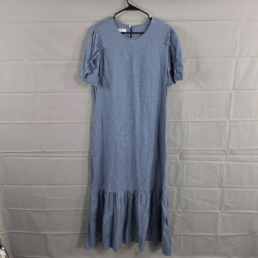 Lanhtropy Dress Large 100% Linen Ruffle Maxi Blue Casual Summer Boho Relaxed